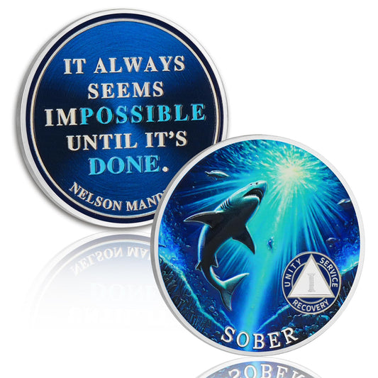 Personalized Mighty Shark Swim to The Light Sobriety Coin mysite