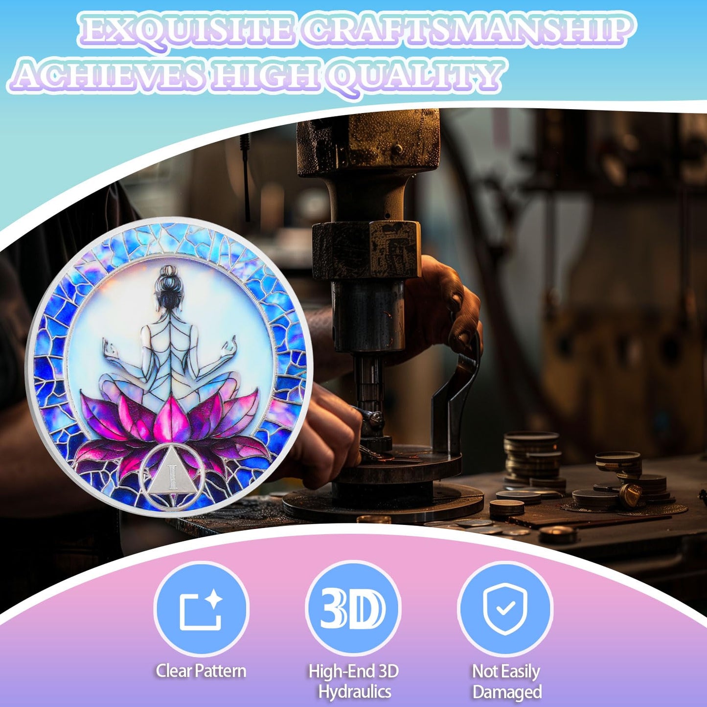 Meditation on the Lotus 1 Year Sobriety Coin - Rebirth & Calm AA Coin, Stained Glass Style Recovery Chip to Celebrate Alcohol Free Anniversary, Clean Living Sobriety Gifts for Women YRCKUDZKG