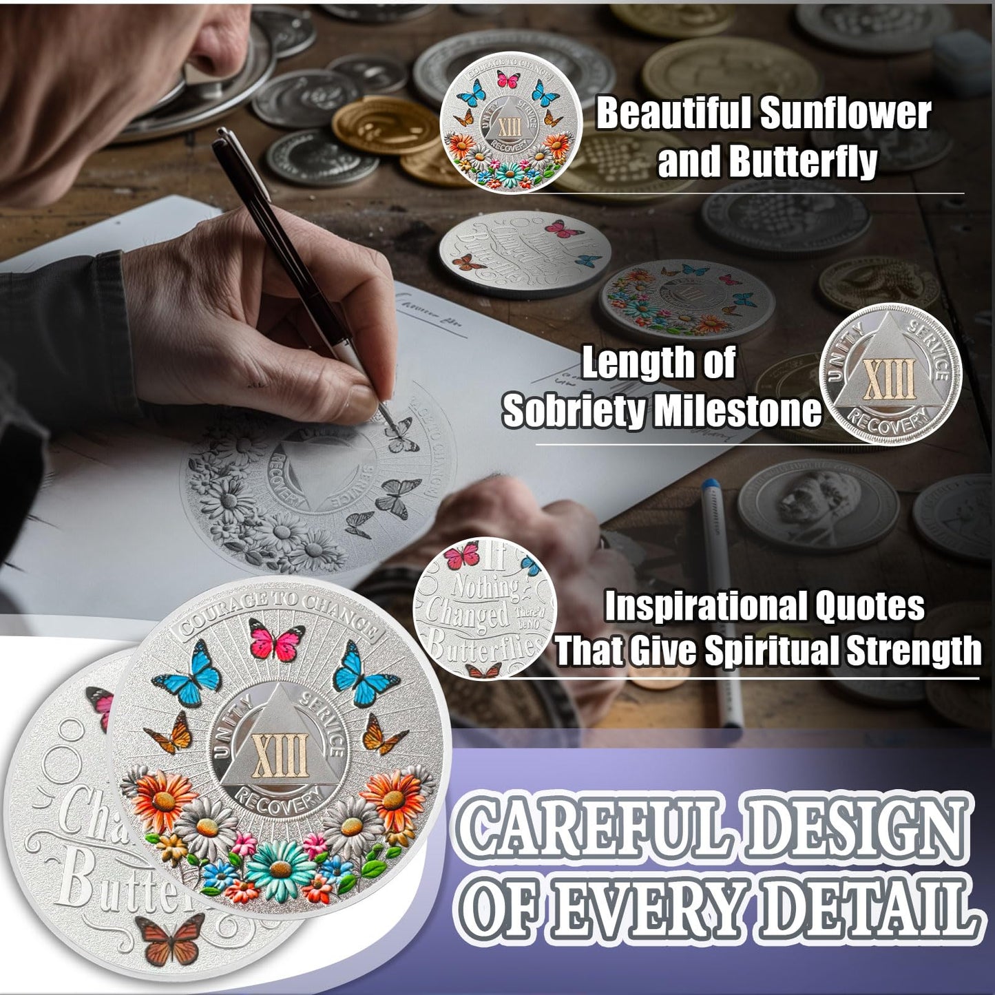 Colorful Sunflower 35 Year Sobriety Coin, Butterfly AA Coin - Courage to Change AA Chips and Medallion - Clean Thirty Year Sober Chip - Silver Recovery AA Chip - Sobriety Gifts for Women Men Eterna Paths