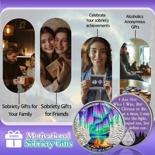 YRCKUDZKG Guided by Northern Lights 10 Year Sobriety Coin - One Day at a Time AA Coin, Alcohol Free Ten Year Recovery Chip with Token Capsule, Sobriety Gifts for Men Women YRCKUDZKG