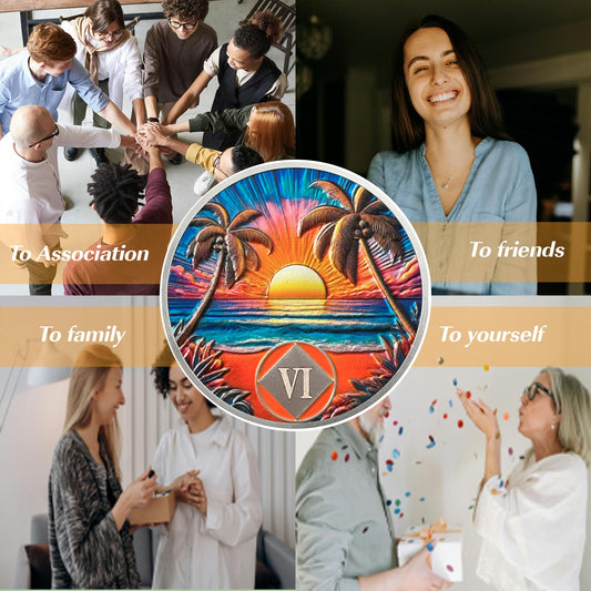 Beach Sunset 6 Year Sobriety Coin, Affirmation NA Coin, Addiction Recovery Six Year Sober Chip, Celebrating Recovery Anniversary Token, Narcotics Anonymous Sobriety Gifts for Men Women Vitalway