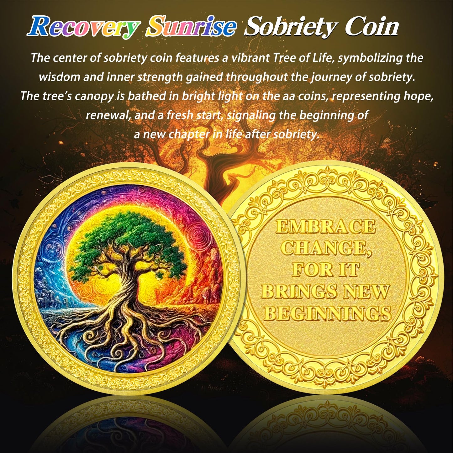 Colorful Recovery Sunrise Tree of Life Affirmation AA Sobriety Coin mysite