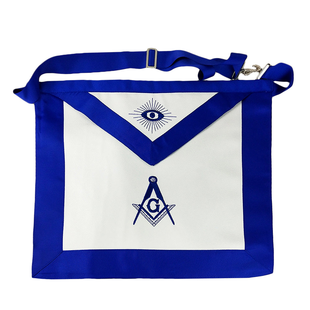 Masonic Blue Lodge Master Mason apron with ceremonial border and Masonic design, retail product photograph