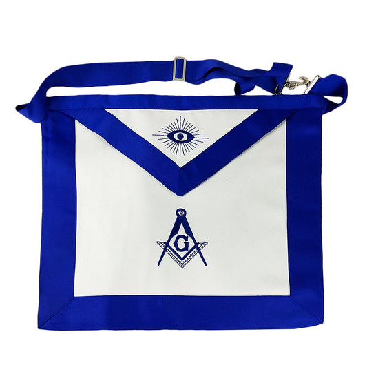 Masonic Blue Lodge Master Mason apron with ceremonial border and Masonic design, retail product photograph