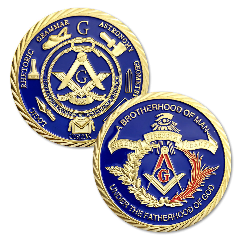 Freemasonry brotherhood challenge coin with Masonic symbolism