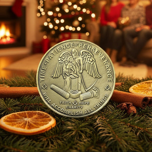Masonic Square and Compass symbol on a Freemason challenge coin