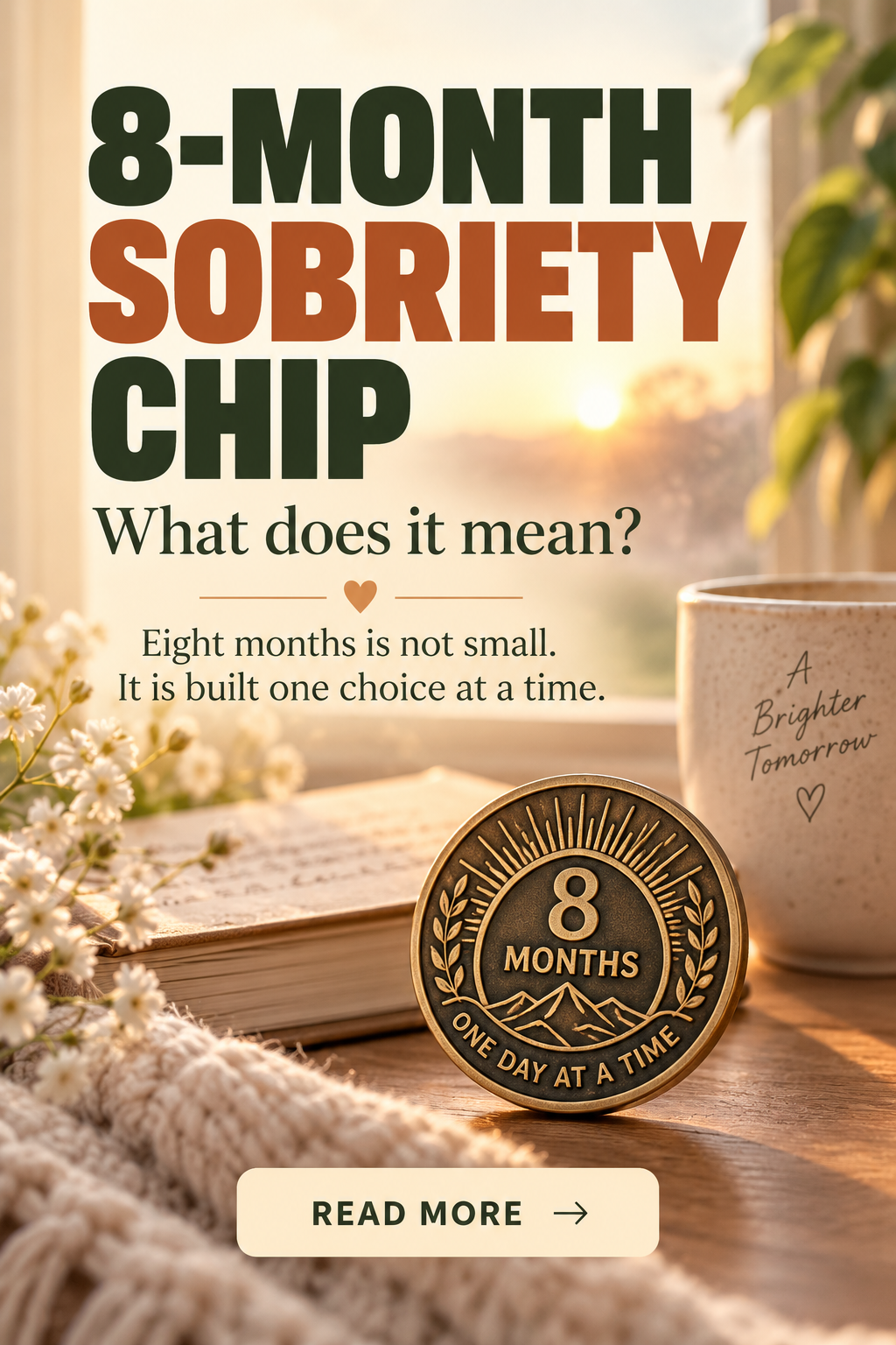 Eight month sobriety chip meaning editorial graphic