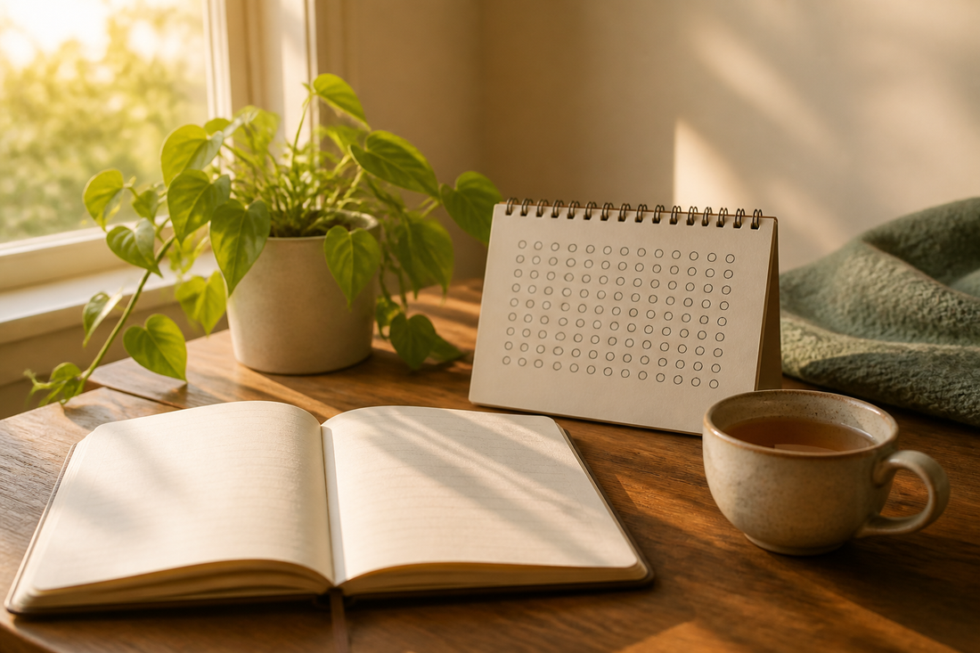 An open journal, warm tea, green plant, and calendar marks representing a quiet 90-day sobriety reflection