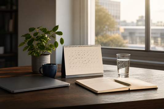 A calm office desk with a closed laptop, planner, sparkling water, and marked calendar representing 90 days sober at work