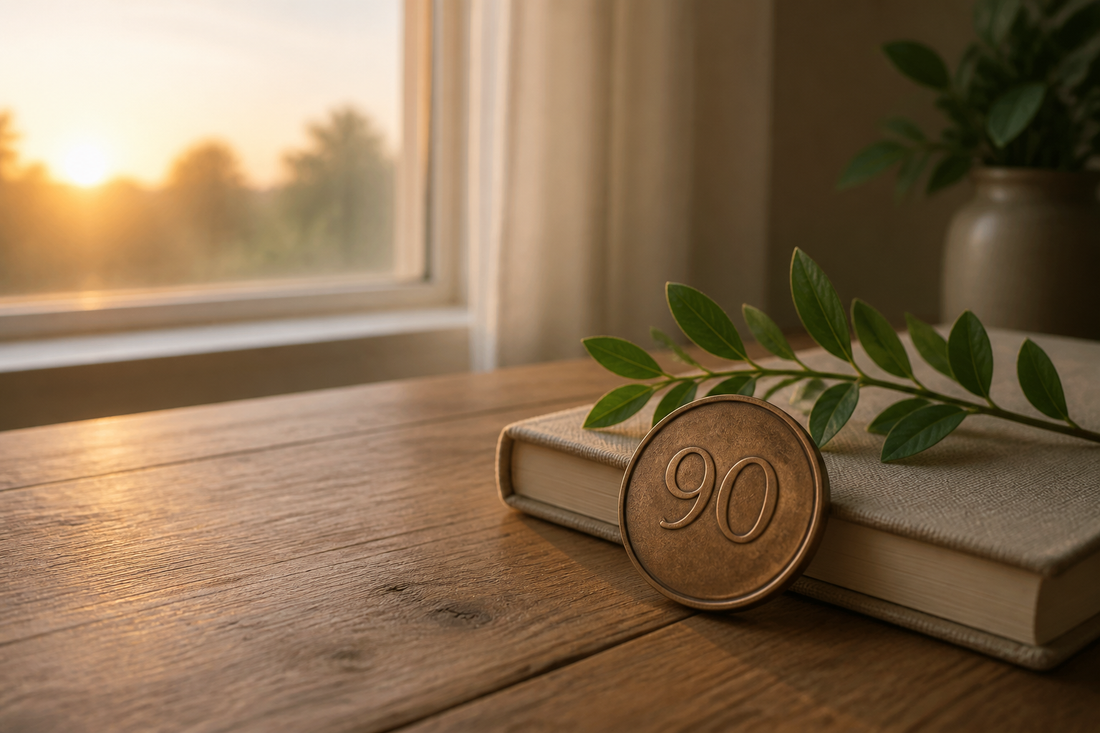 A bronze token marked 90 beside a linen journal and green sprig in warm morning light