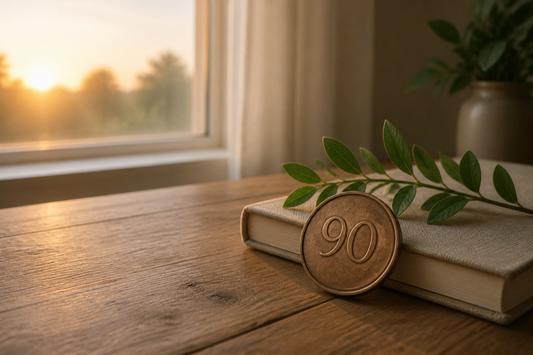 A bronze token marked 90 beside a linen journal and green sprig in warm morning light