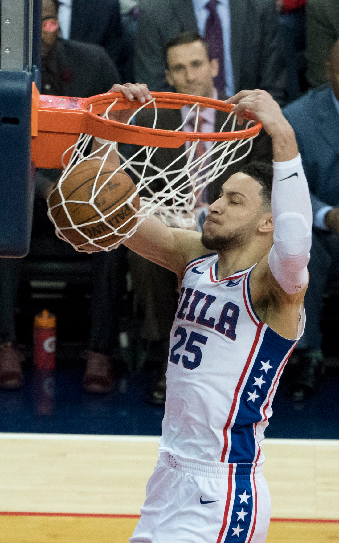 Ben Simmons with the Philadelphia 76ers during a 2018 game; archival photograph by Keith Allison