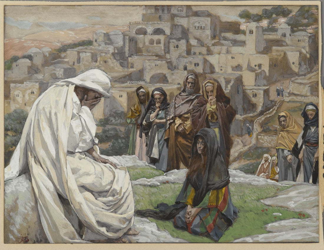 James Tissot painting Jesus Wept, showing Christ grieving with mourners in John 11