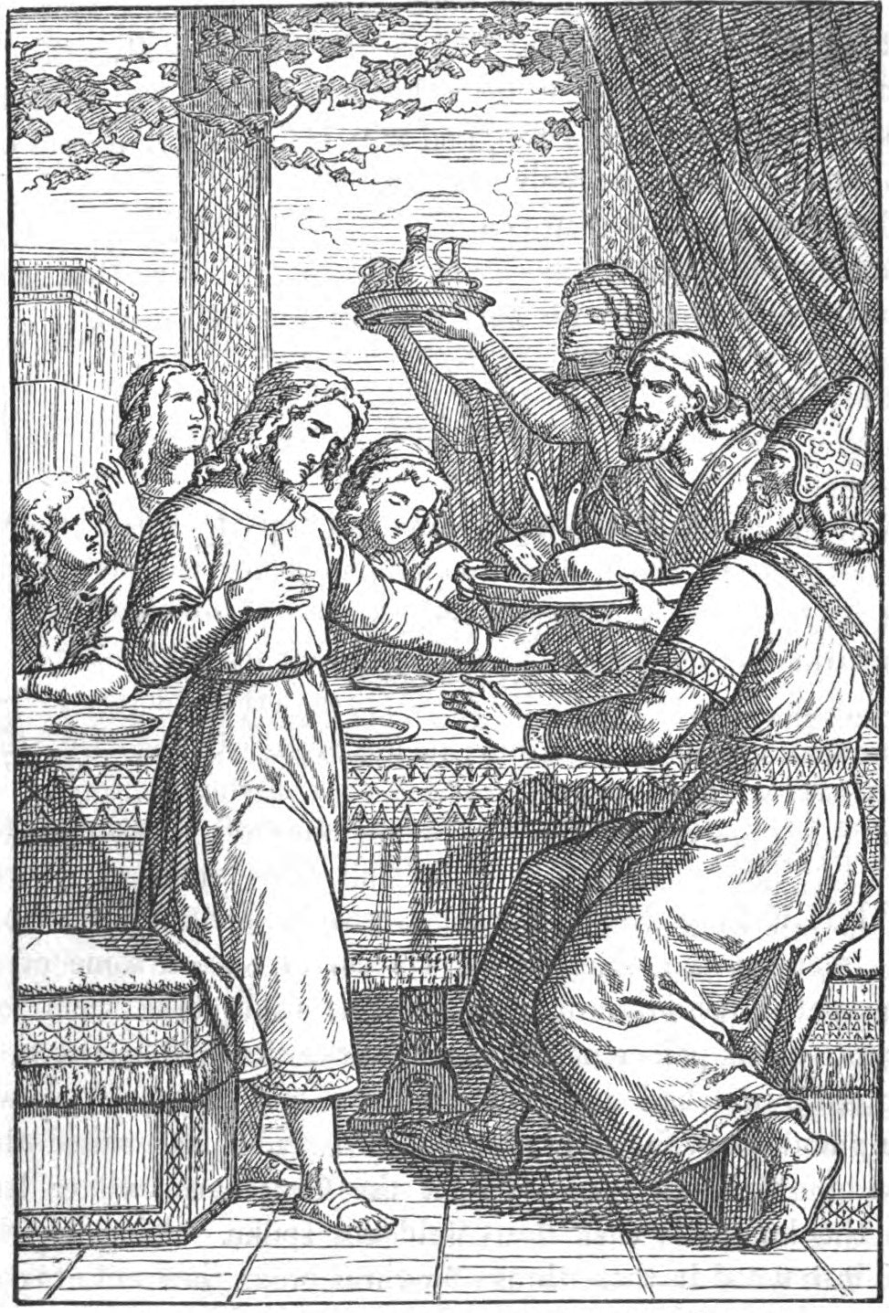 Daniel and his three friends refusing the king's food, a Bible story about holding values under social pressure
