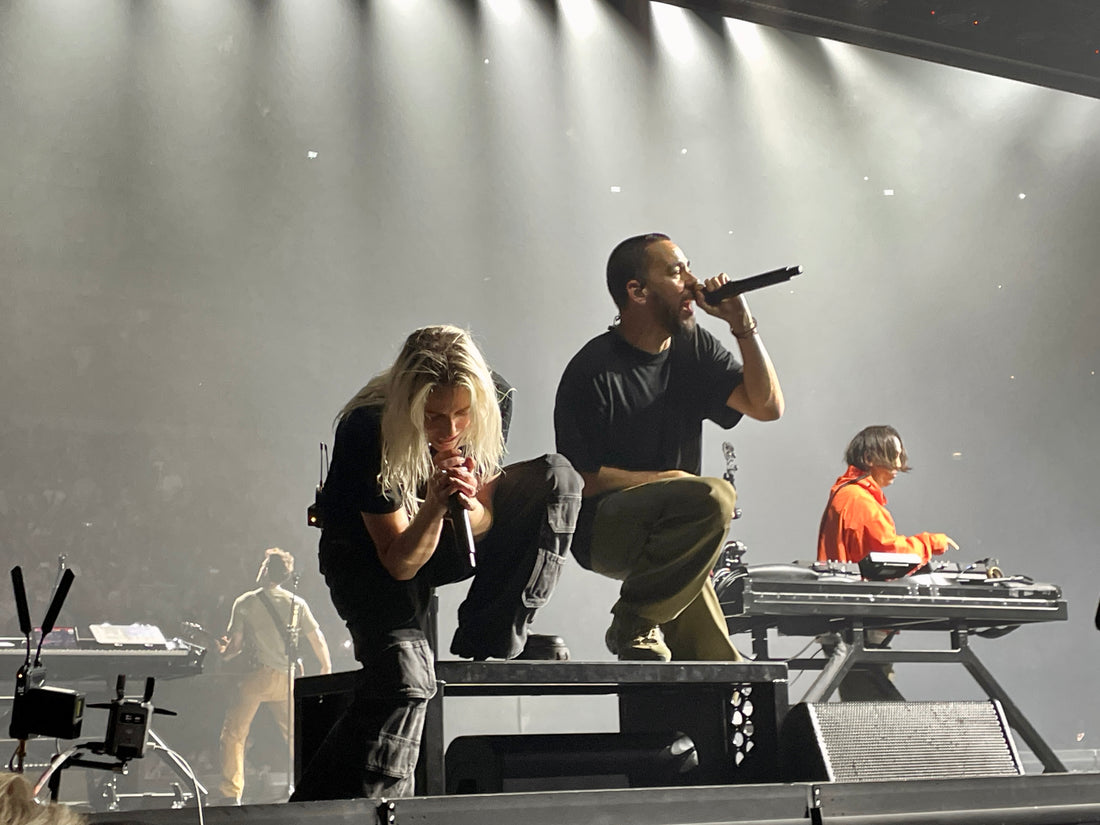 Linkin Park performing at the O2 Arena in London in 2024 with Emily Armstrong, Mike Shinoda and Joe Hahn