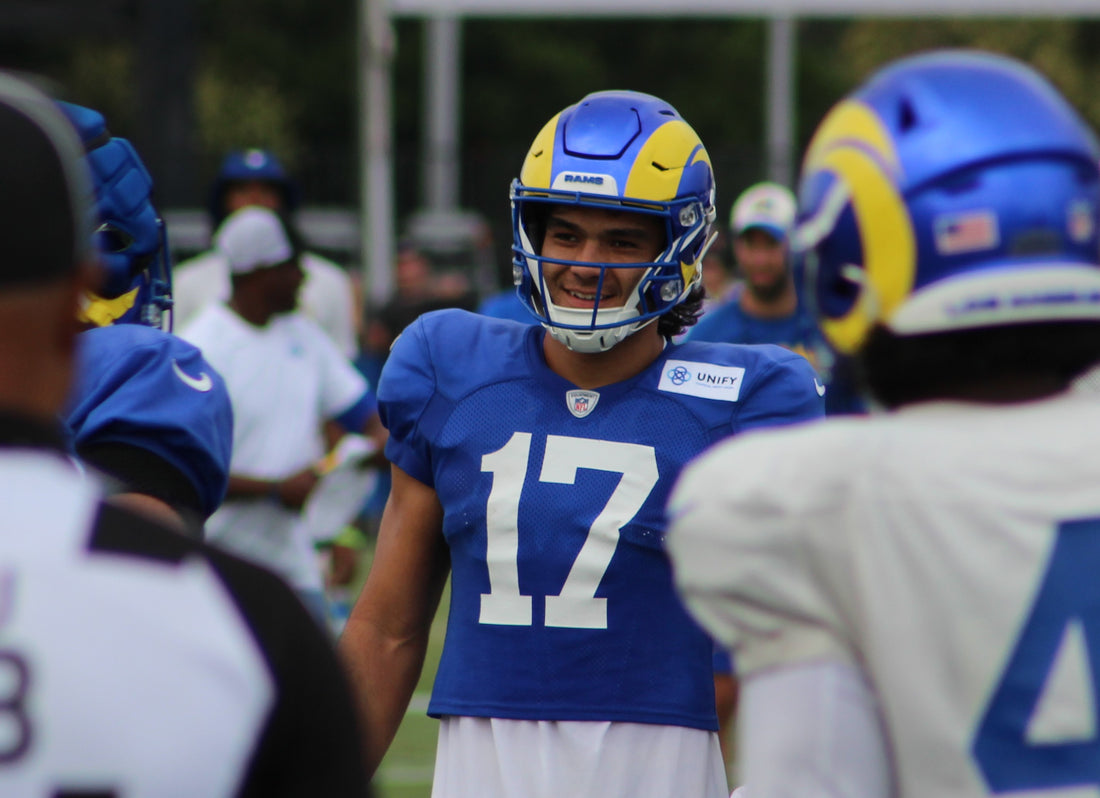 Puka Nacua at Los Angeles Rams training camp in 2023; photo by Sewageboy via Wikimedia Commons, CC BY-SA 4.0