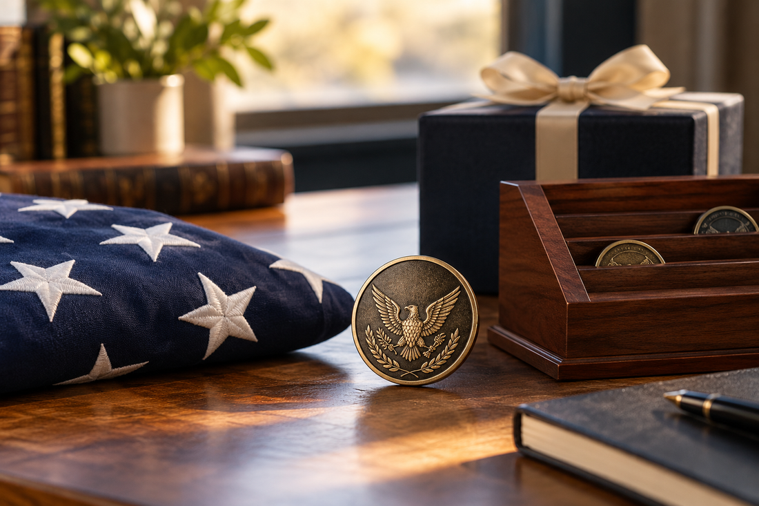 Military retirement gift ideas with challenge coin, folded American flag, display stand, and gift box