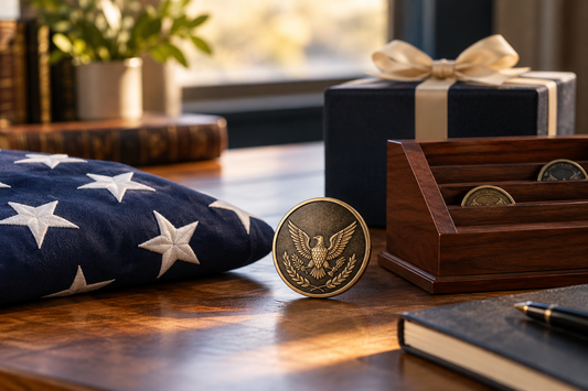 Military retirement gift ideas with challenge coin, folded American flag, display stand, and gift box