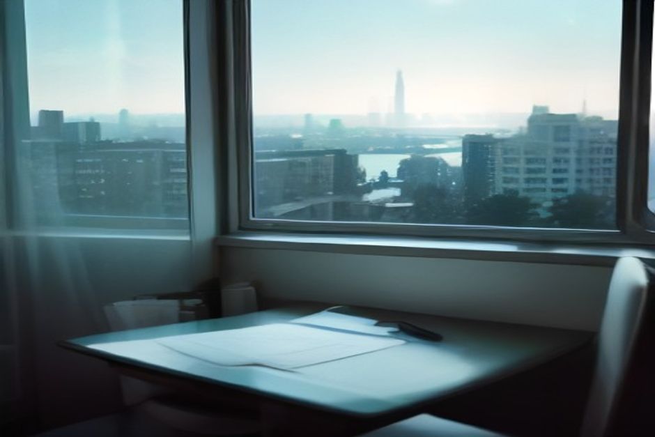 Alcohol-free business travel scene with a carry-on bag, sparkling water, notebook, and city morning view