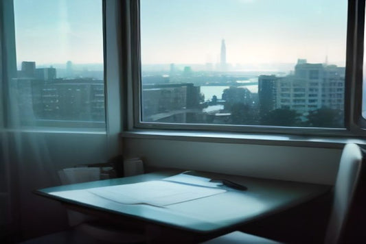 Alcohol-free business travel scene with a carry-on bag, sparkling water, notebook, and city morning view
