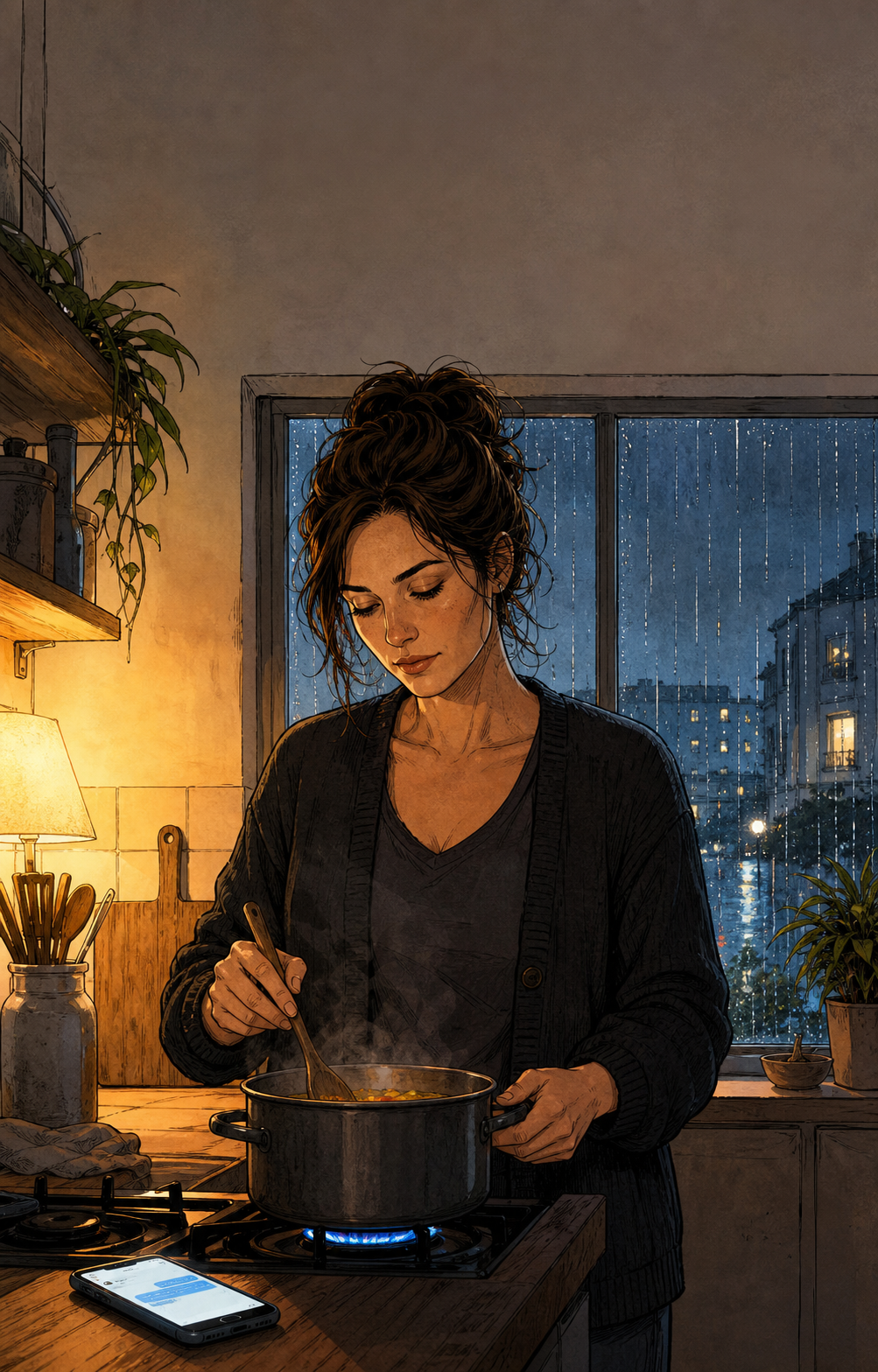 Wide featured scene for Chapter 4 The Longest Evening with rainy windows, soup, and a quiet recovery evening.
