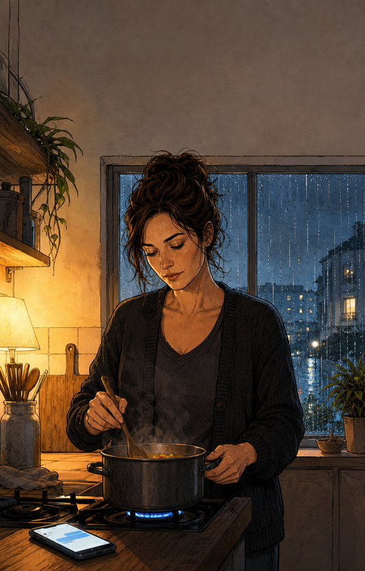 Wide featured scene for Chapter 4 The Longest Evening with rainy windows, soup, and a quiet recovery evening.