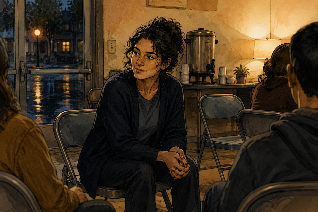 Featured image for Chapter 5 The Weight in Her Hand with Mara seated in a modest community room before she speaks.