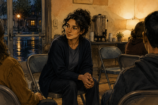 Featured image for Chapter 5 The Weight in Her Hand with Mara seated in a modest community room before she speaks.