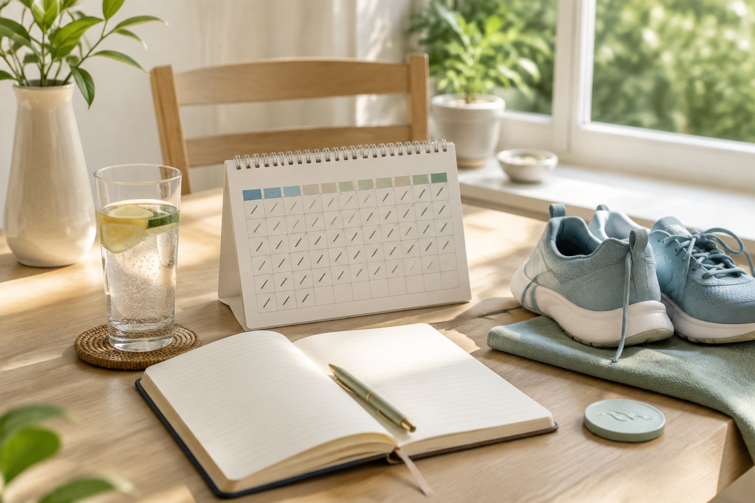 A journal, marked calendar, sparkling water and walking shoes representing a personal 100-day alcohol-free milestone