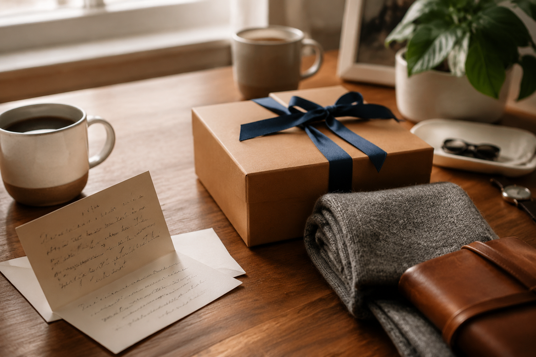 Wrapped anniversary gift, handwritten letter and two coffee cups arranged for a quiet celebration