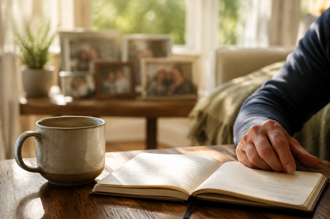 A mature adult resting a hand near a journal and coffee mug in a sunlit living room with family photos softly blurred in the background.
