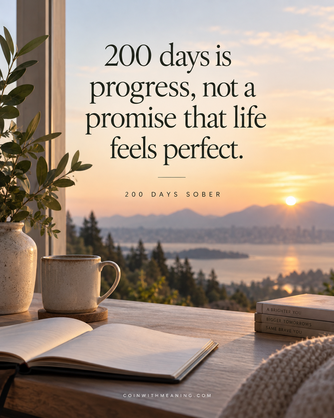“200 days is progress, not a promise that life feels perfect” sober quote over a calm sunrise with a journal and coffee.