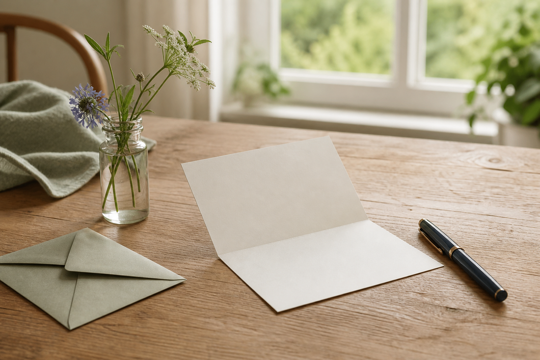 Handwritten 30-day milestone card with a simple flower stem and warm morning light