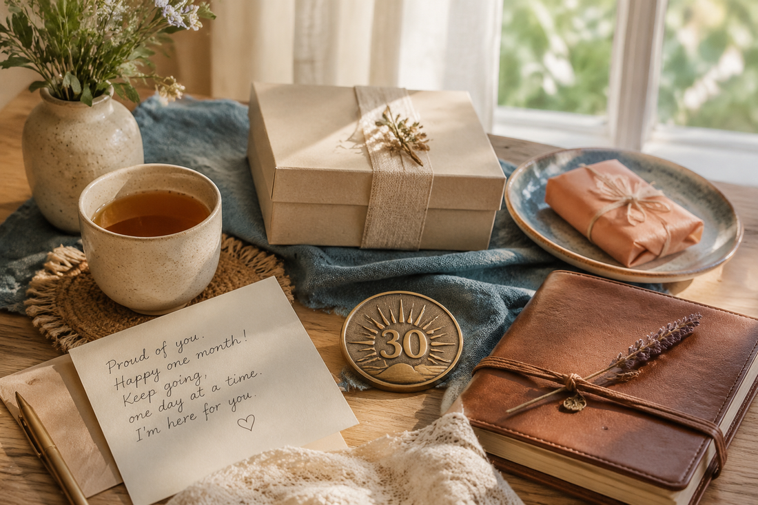 A warm one-month milestone gift scene with a handwritten card, journal, neutral keepsake and favorite treat