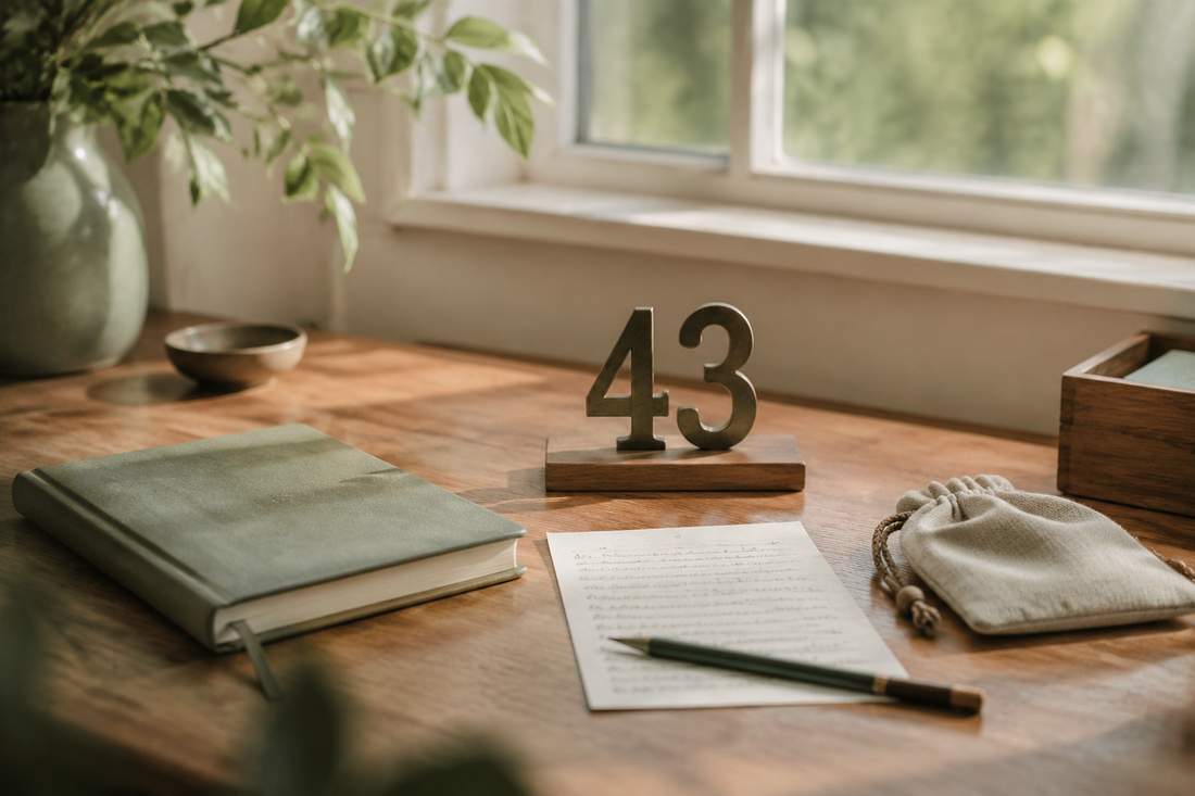 A private 43-day milestone scene with a journal, simple number marker and handwritten note