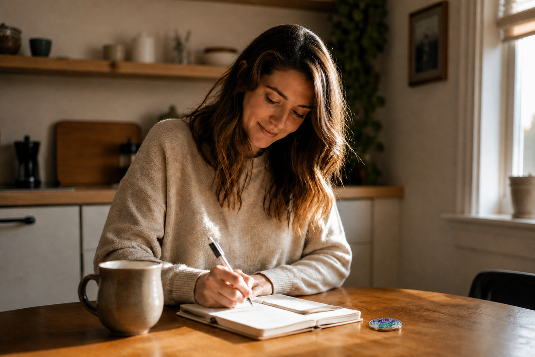 An adult writing in a journal at a kitchen table with a small sobriety coin nearby in warm morning light.