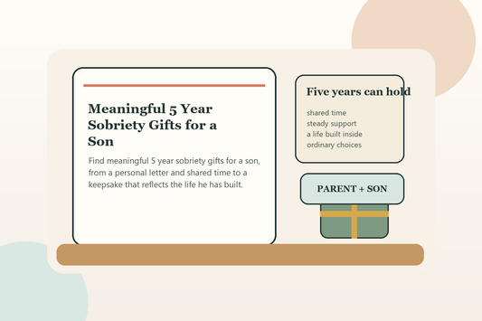 An adult parent and son sharing a quiet five-year sobriety gift moment in warm natural light.