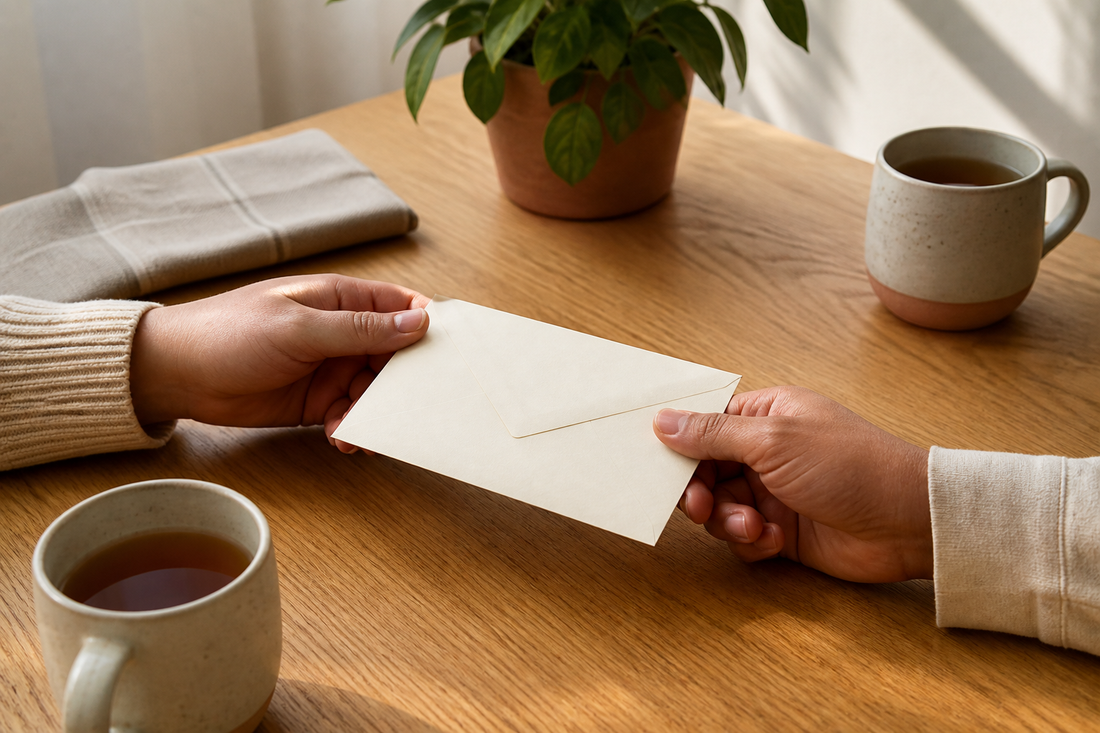 A partner passing a private sobriety milestone note across a quiet table with tea in warm daylight.