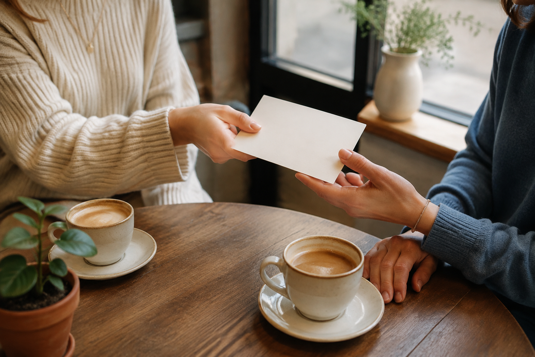 One adult handing a private milestone card to another over coffee