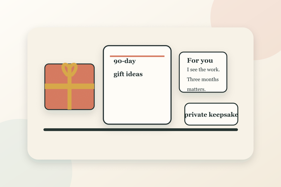 Thoughtful 90-day sobriety gift ideas with a card, journal and small keepsake on a warm table