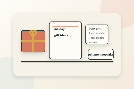 Thoughtful 90-day sobriety gift ideas with a card, journal and small keepsake on a warm table