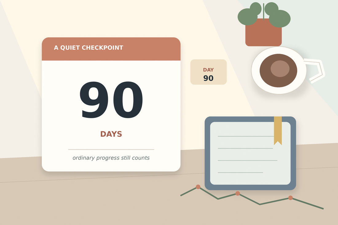 A calm flat-lay with a journal, tea, plant, and a calendar marked 90, representing a quiet sobriety milestone.