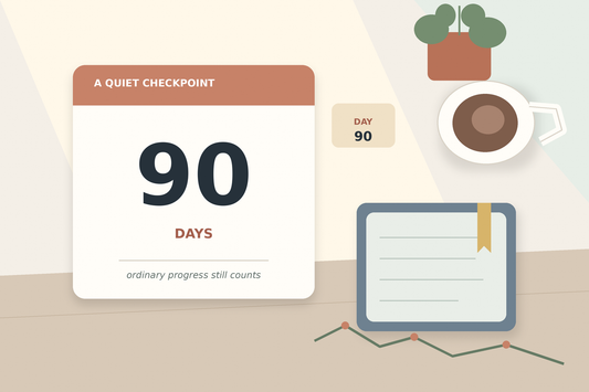 A calm flat-lay with a journal, tea, plant, and a calendar marked 90, representing a quiet sobriety milestone.