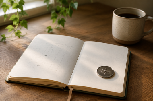 A journal, calendar markers, and a simple keepsake representing 90 days sober