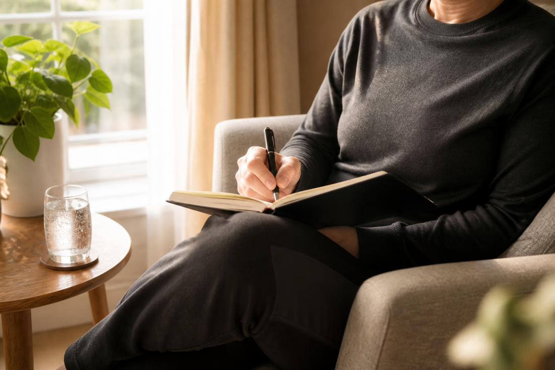 Person writing quietly in a journal beside a glass of sparkling water