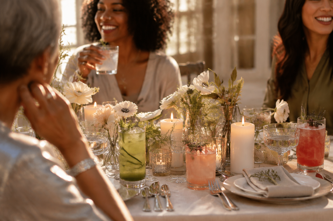 An elegant alcohol-free celebration table with botanical mocktails, candles, flowers, and a warm sophisticated atmosphere.