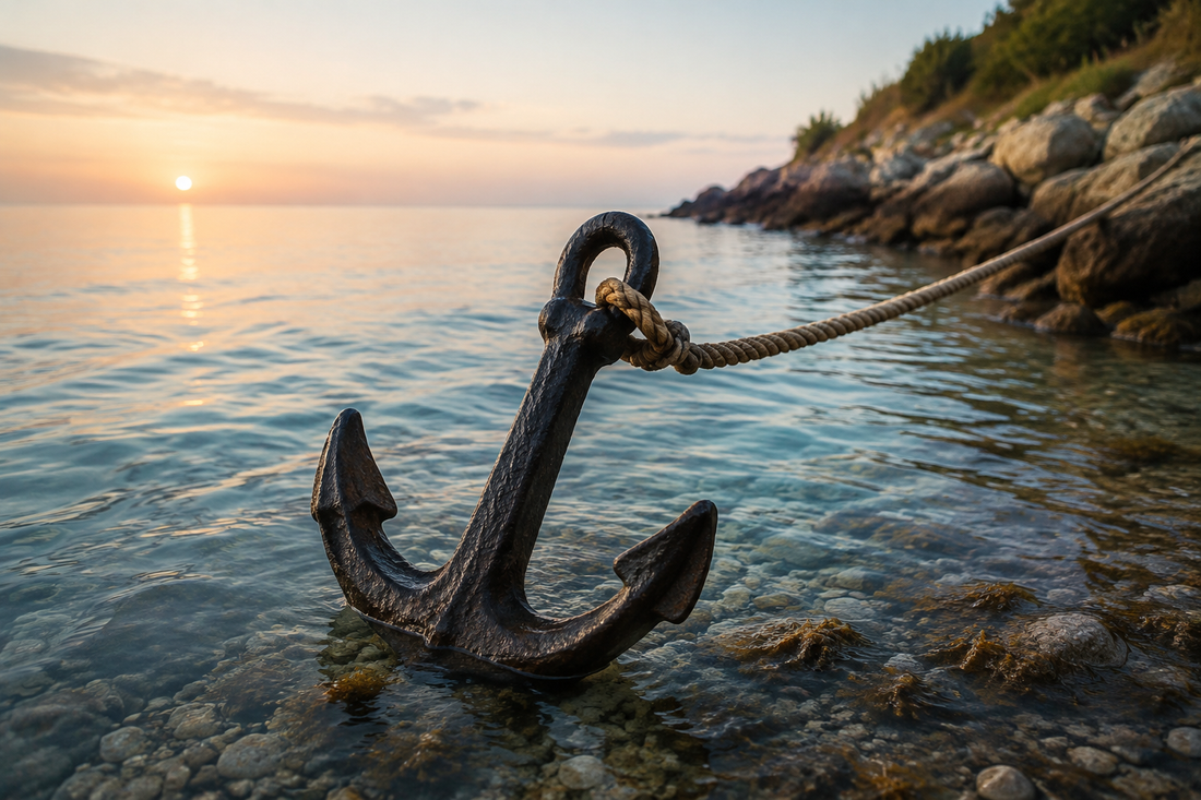 Weathered anchor holding steady in shallow water at sunrise