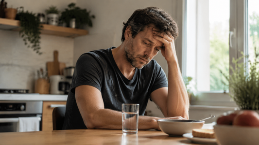 A tired adult sitting quietly at a kitchen table in morning light with water and breakfast nearby, showing tension without alarm.