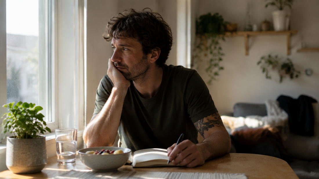 An adult sitting near a bright window with water, a journal, and a simple breakfast during the first week sober, looking tired but hopeful.