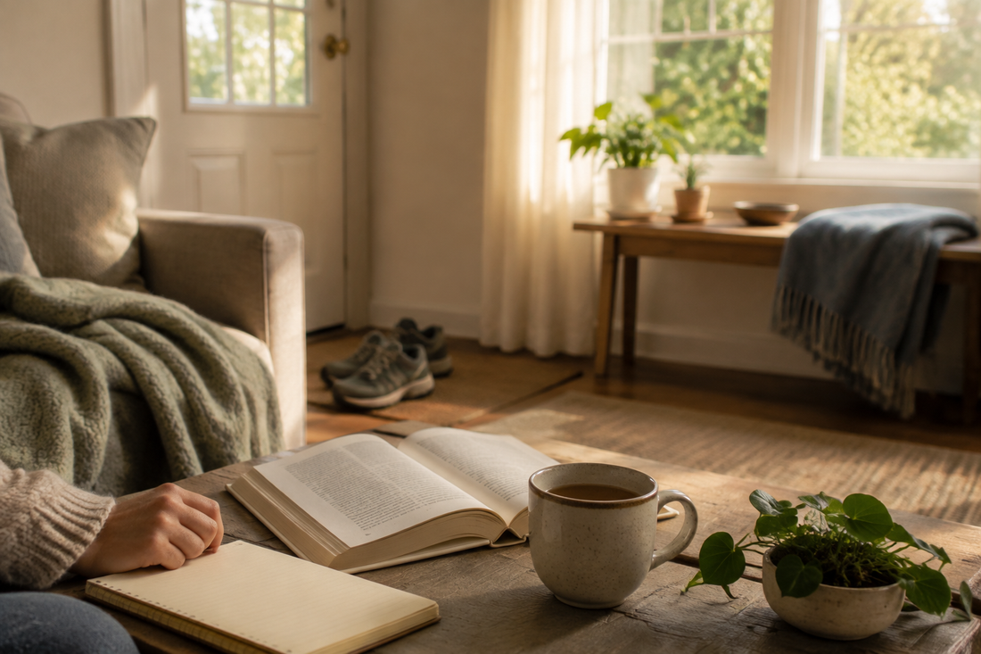 A quiet sunlit room with a book, tea, notebook and walking shoes ready for an unhurried sober morning
